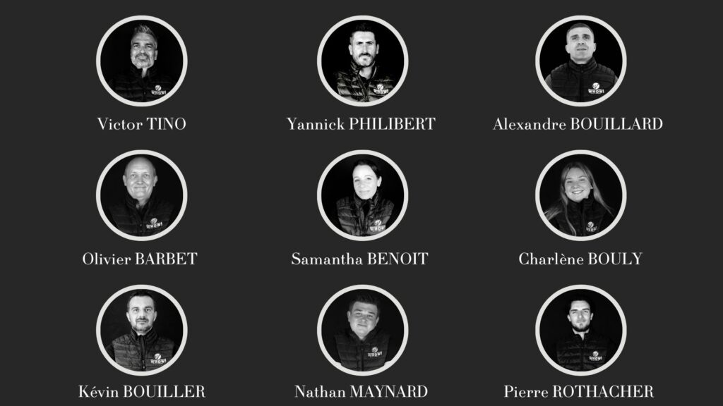 Portraits of nine individuals arranged in a grid, each wearing a black jacket with a logo.